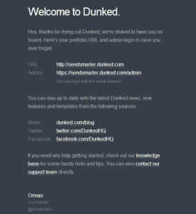 Dunked Welcome email - example of a welcome email